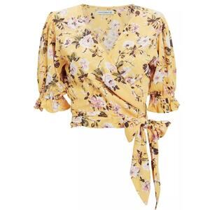 Faithfull the Brand Small Mali Yellow Floral Wrap V-Neck Blouse Top Women size 4